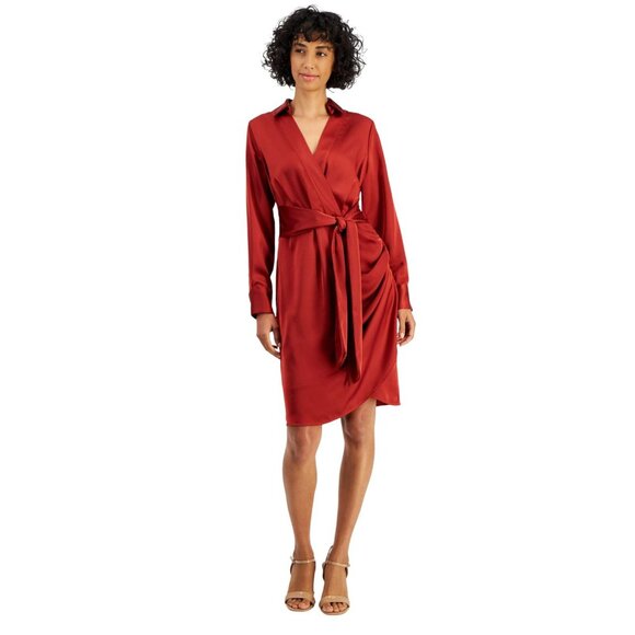 Tahari ASL Dresses & Skirts - NWT Tahari ASL Collared Long-Sleeve Wrap Dress DEM401-T4 Brick Red Orange 4